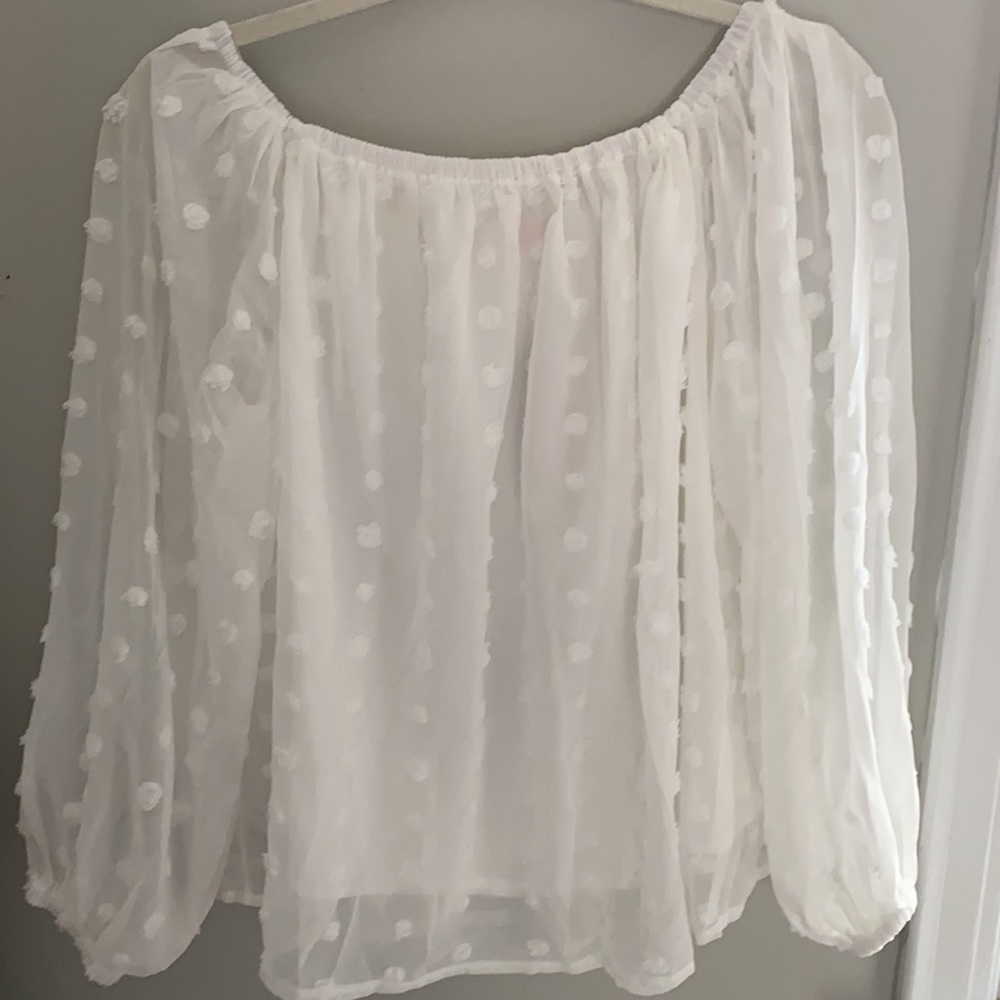 White Polka Dot Off The Shoulder Top - Picture 3 of 5